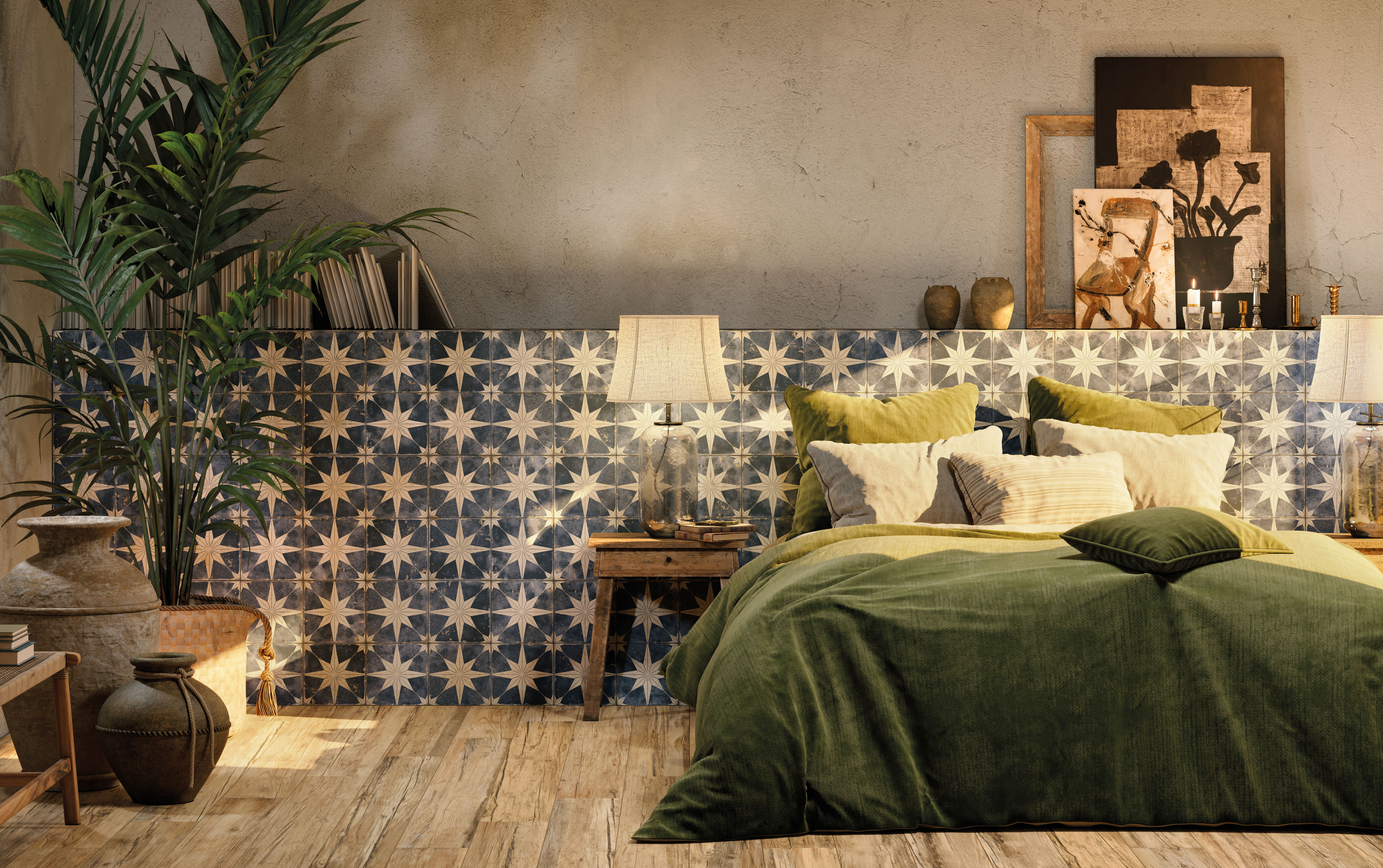 dormitorio con azulejos vintage y suelo de azulejos imitación madera